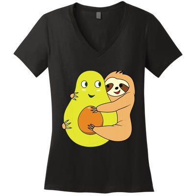 Cute Lazy Sloth Animal Avocado Lover Hugging Women's V-Neck T-Shirt