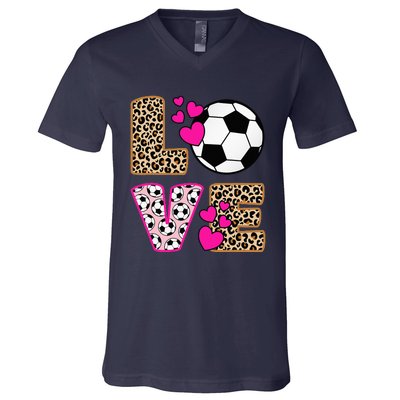 Cute Love Soccer Leopard Print  Soccer V-Neck T-Shirt