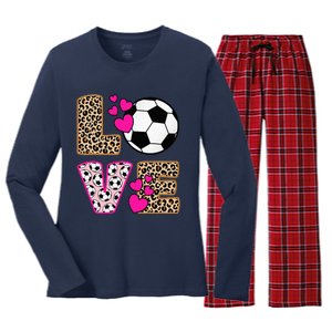 Cute Love Soccer Leopard Print  Soccer Women's Long Sleeve Flannel Pajama Set 