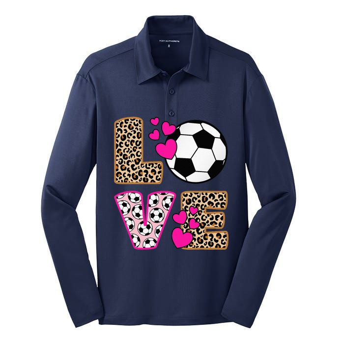 Cute Love Soccer Leopard Print  Soccer Silk Touch Performance Long Sleeve Polo