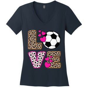 Cute Love Soccer Leopard Print  Soccer Women's V-Neck T-Shirt