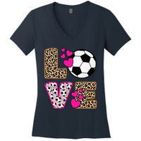 Cute Love Soccer Leopard Print  Soccer Women's V-Neck T-Shirt