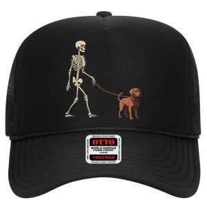 Chocolate Labrador Skeleton Dog Walking Halloween High Crown Mesh Back Trucker Hat