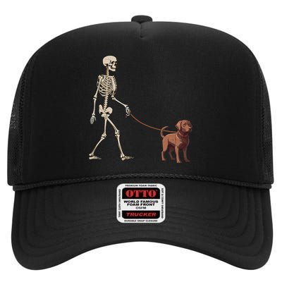 Chocolate Labrador Skeleton Dog Walking Halloween High Crown Mesh Back Trucker Hat