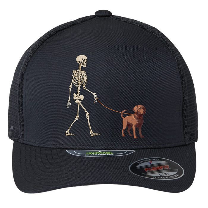 Chocolate Labrador Skeleton Dog Walking Halloween Flexfit Unipanel Trucker Cap