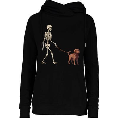 Chocolate Labrador Skeleton Dog Walking Halloween Womens Funnel Neck Pullover Hood