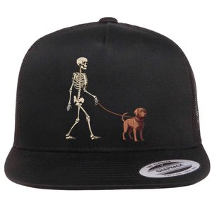 Chocolate Labrador Skeleton Dog Walking Halloween Flat Bill Trucker Hat