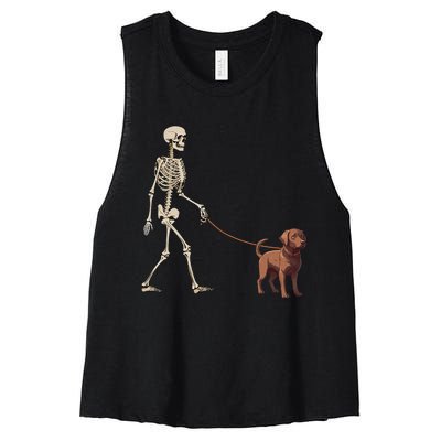 Chocolate Labrador Skeleton Dog Walking Halloween Women's Racerback Cropped Tank