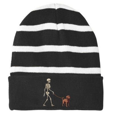 Chocolate Labrador Skeleton Dog Walking Halloween Striped Beanie with Solid Band