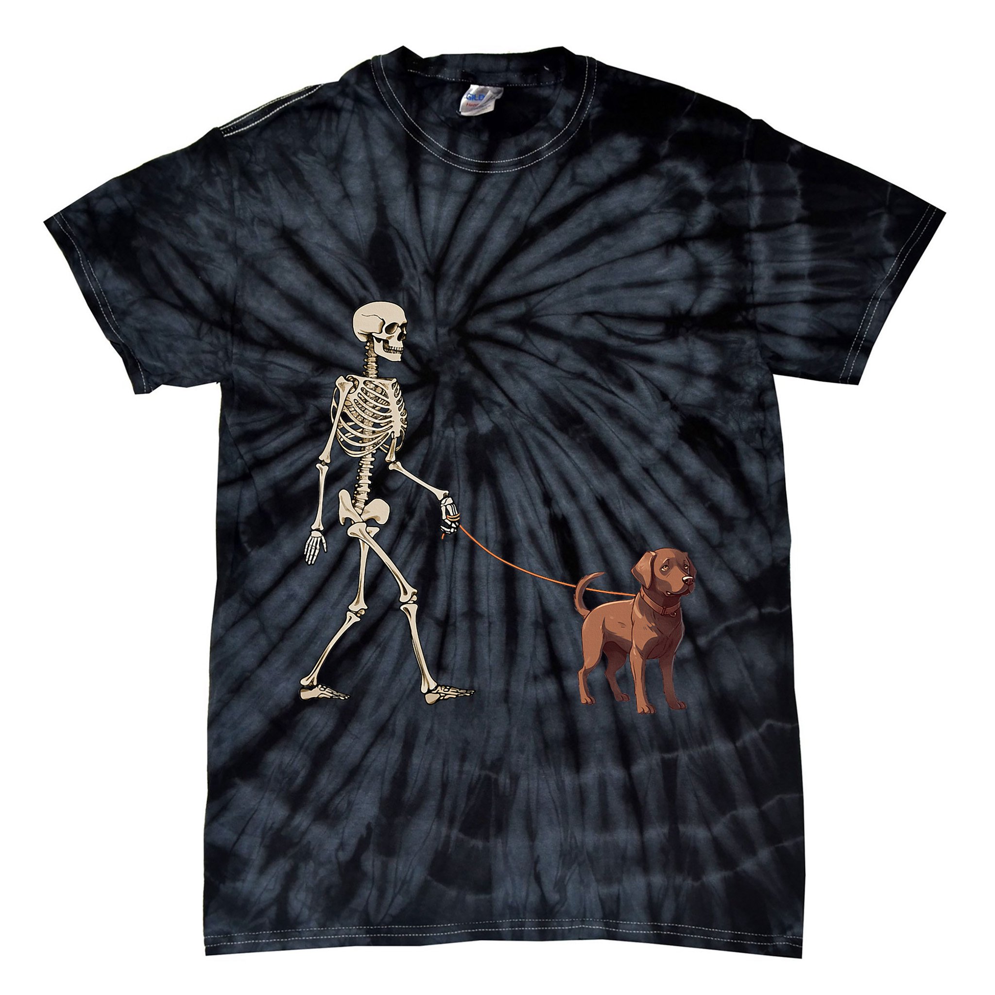 Chocolate Labrador Skeleton Dog Walking Halloween Tie-Dye T-Shirt