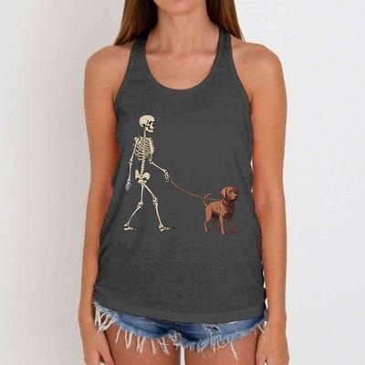 Chocolate Labrador Skeleton Dog Walking Halloween Women's Knotted Racerback Tank