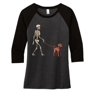 Chocolate Labrador Skeleton Dog Walking Halloween Women's Tri-Blend 3/4-Sleeve Raglan Shirt