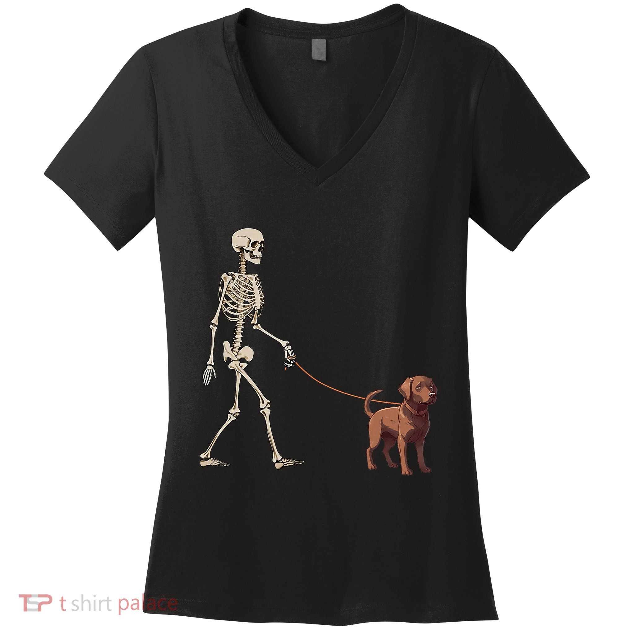 Chocolate Labrador Skeleton Dog Walking Halloween Women's V-Neck T-Shirt