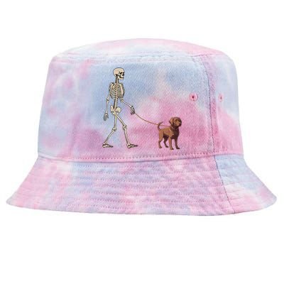 Chocolate Labrador Skeleton Dog Walking Halloween Tie-Dyed Bucket Hat