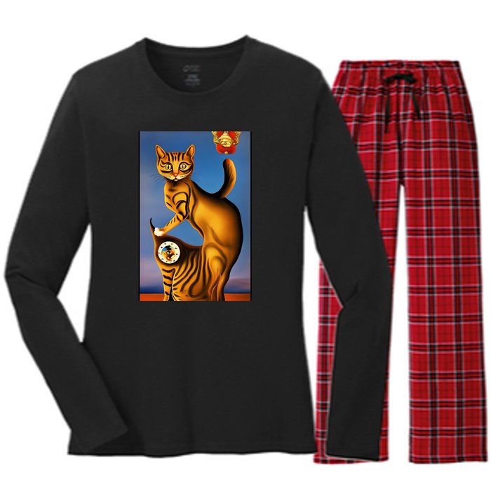 Cat Lover Salvador Dali Style Painting Women's Long Sleeve Flannel Pajama Set 