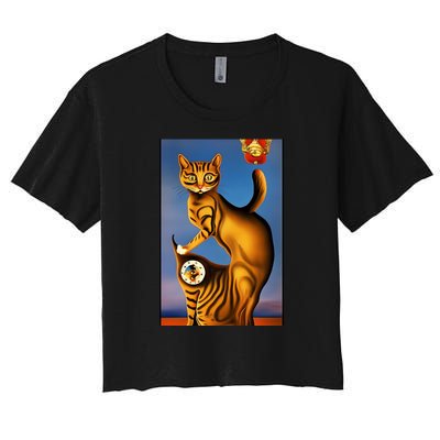 Cat Lover Salvador Dali Style Painting Women's Crop Top Tee