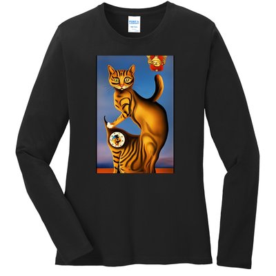 Cat Lover Salvador Dali Style Painting Ladies Long Sleeve Shirt