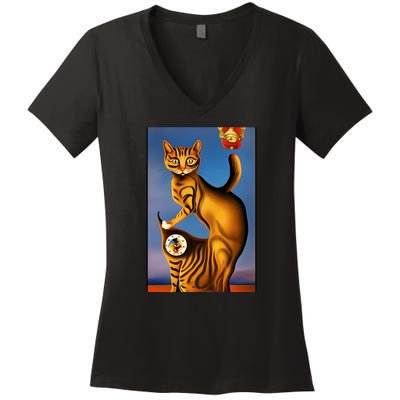 Cat Lover Salvador Dali Style Painting Women's V-Neck T-Shirt