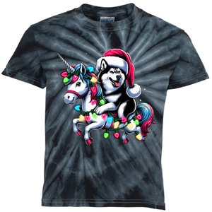 Christmas Lights Siberian Husky Dog Riding Unicorn Kids Tie-Dye T-Shirt