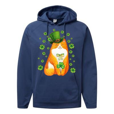 Cute Lucky St PatrickS Day Orange Tabby Cat Performance Fleece Hoodie