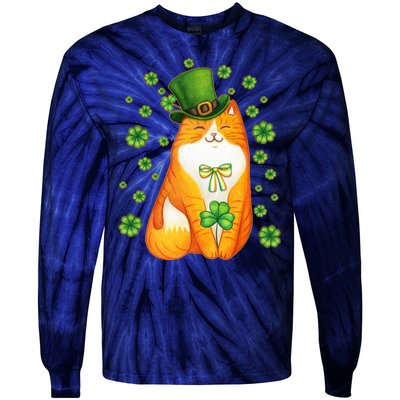 Cute Lucky St PatrickS Day Orange Tabby Cat Tie-Dye Long Sleeve Shirt