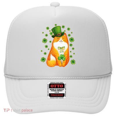 Cute Lucky St PatrickS Day Orange Tabby Cat High Crown Mesh Back Trucker Hat