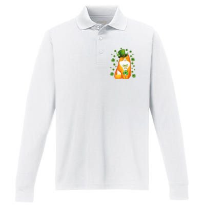 Cute Lucky St PatrickS Day Orange Tabby Cat Performance Long Sleeve Polo