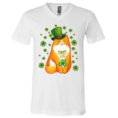 Cute Lucky St PatrickS Day Orange Tabby Cat V-Neck T-Shirt