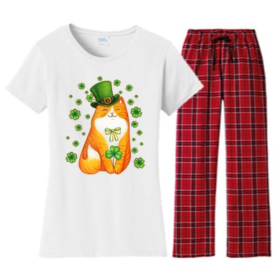 Cute Lucky St PatrickS Day Orange Tabby Cat Women's Flannel Pajama Set