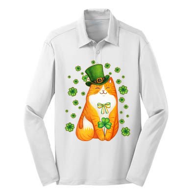 Cute Lucky St PatrickS Day Orange Tabby Cat Silk Touch Performance Long Sleeve Polo