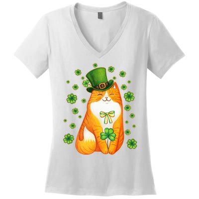 Cute Lucky St PatrickS Day Orange Tabby Cat Women's V-Neck T-Shirt