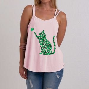 Cat Lucky Shamrock Saint PatrickS Day Cat Lover Women's Strappy Tank