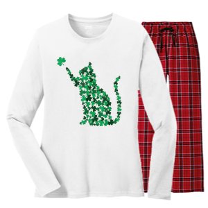 Cat Lucky Shamrock Saint PatrickS Day Cat Lover Women's Long Sleeve Flannel Pajama Set 