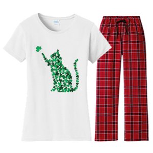 Cat Lucky Shamrock Saint PatrickS Day Cat Lover Women's Flannel Pajama Set