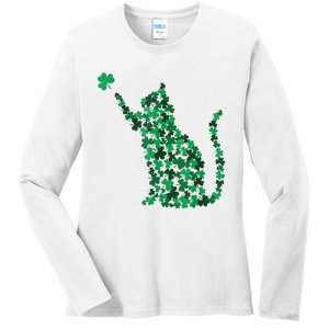 Cat Lucky Shamrock Saint PatrickS Day Cat Lover Ladies Long Sleeve Shirt