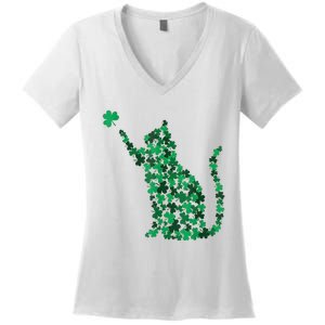 Cat Lucky Shamrock Saint PatrickS Day Cat Lover Women's V-Neck T-Shirt