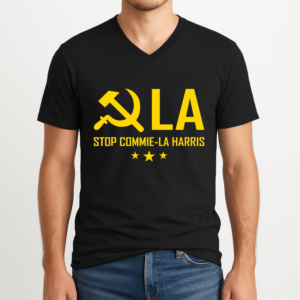 Commie La Stop Commie La Harris Stop Kamala Trump Vance 2024 V-Neck T-Shirt