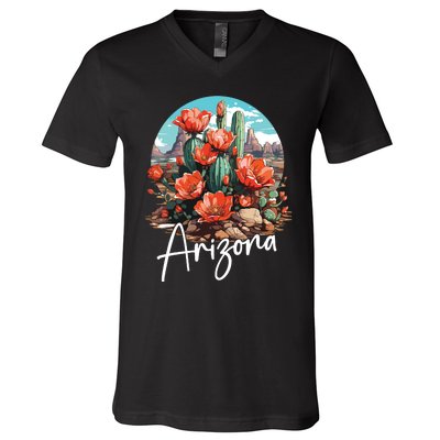 Cute Love State Of Arizona Blooming Cactus Flowers V-Neck T-Shirt