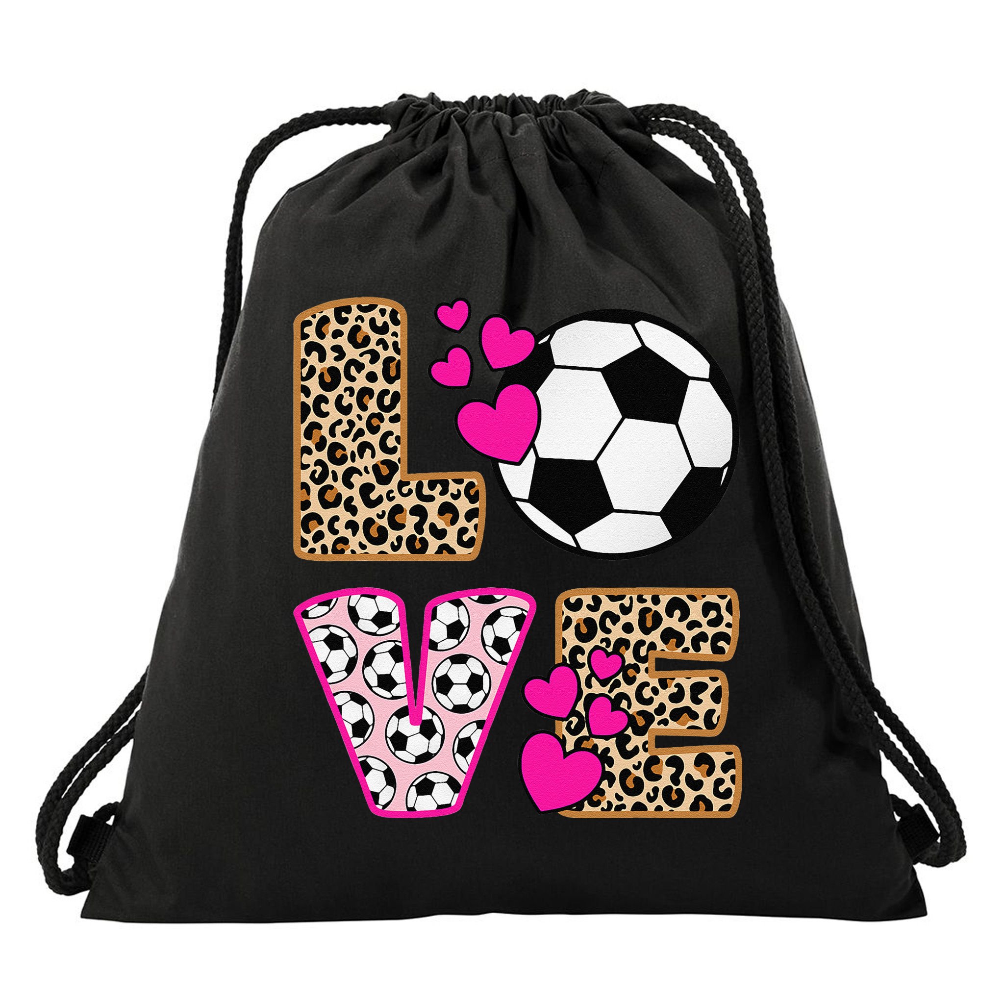 Cute Love Soccer Leopard Print  Girls Soccer Drawstring Bag