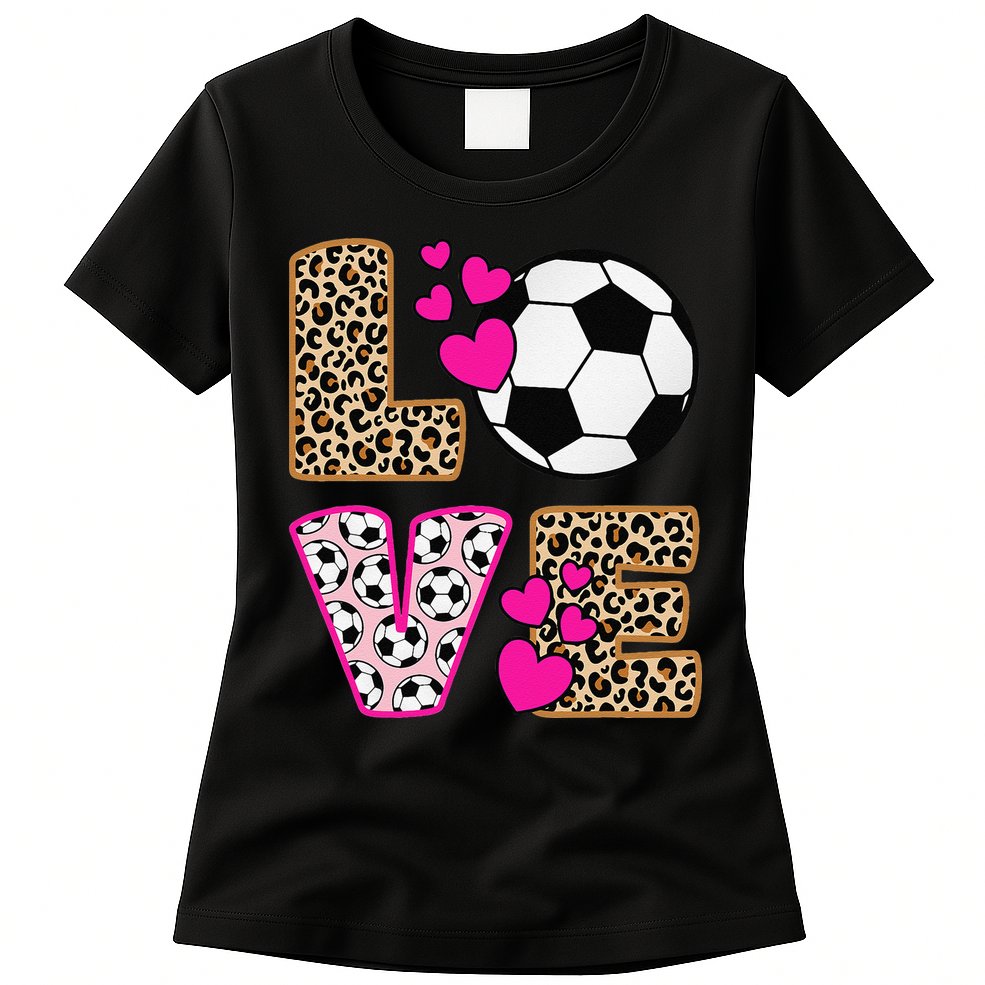 Cute Love Soccer Leopard Print  Girls Soccer Womens T-Shirt