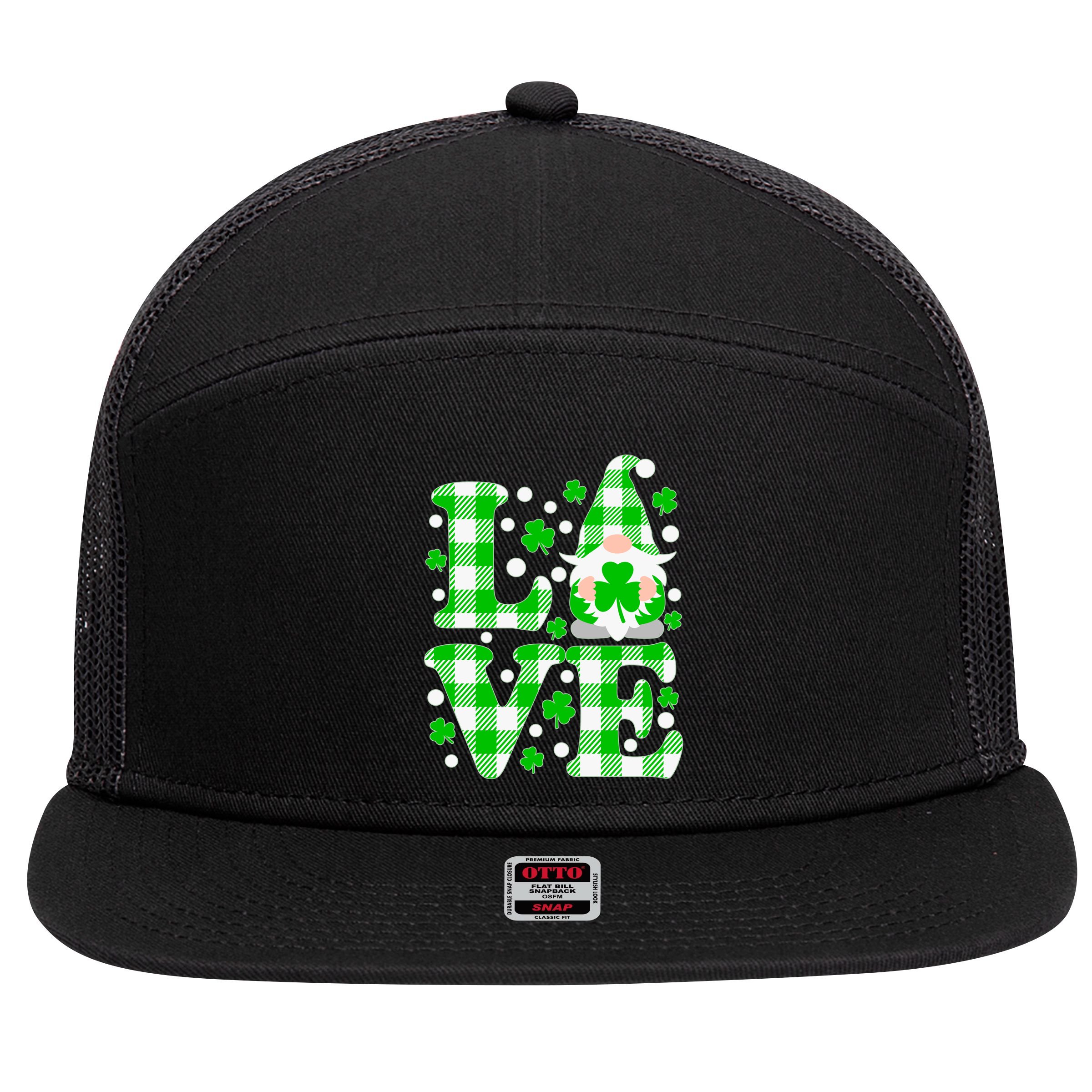 Cute Love St Patrick's Day Lucky Shamrock Gnome 7 Panel Mesh Trucker Snapback Hat