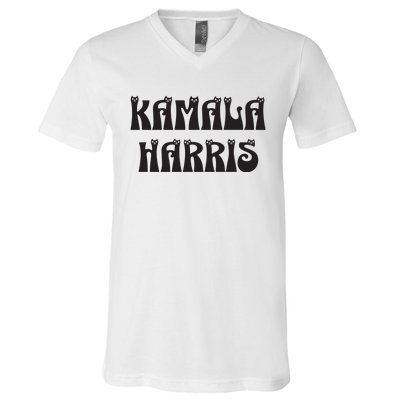 Cat Lettering Spelling Kamala Harris President V-Neck T-Shirt