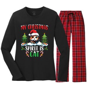 Cat Lover Santa Hat Christmas Lights My Christmas Spirit Cat Women's Long Sleeve Flannel Pajama Set 