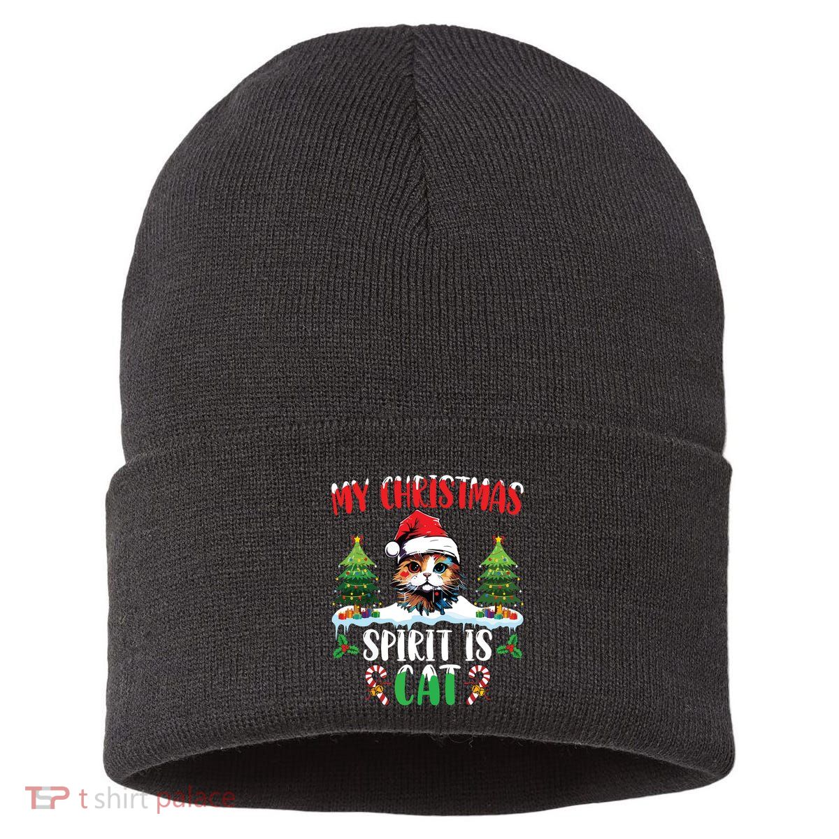 Cat Lover Santa Hat Christmas Lights My Christmas Spirit Cat Sustainable Knit Beanie