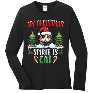 Cat Lover Santa Hat Christmas Lights My Christmas Spirit Cat Ladies Long Sleeve Shirt