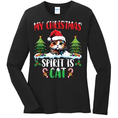 Cat Lover Santa Hat Christmas Lights My Christmas Spirit Cat Ladies Long Sleeve Shirt