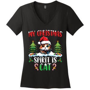 Cat Lover Santa Hat Christmas Lights My Christmas Spirit Cat Women's V-Neck T-Shirt