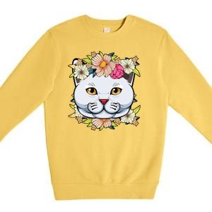 Cat Lover Spring Floral Gift Premium Crewneck Sweatshirt