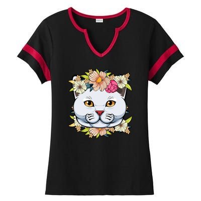 Cat Lover Spring Floral Gift Ladies Halftime Notch Neck Tee