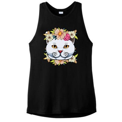 Cat Lover Spring Floral Gift Ladies PosiCharge Tri-Blend Wicking Tank